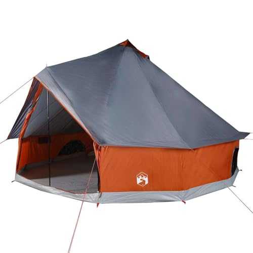 vidaXL Family Tent – Waterproof 12-Person Tipi Teepee Camping Tent with Mesh Walls & E-Port – Grey/Orange
