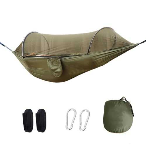 Camping Hammock with Mosquito Net, Ultralight and Portable Nylon Travel Hanging with 13ft Tree Straps Carabiners, Automatic Quick Open Outdoor Portable Hammock, Nylon Parachute Material for Camping,