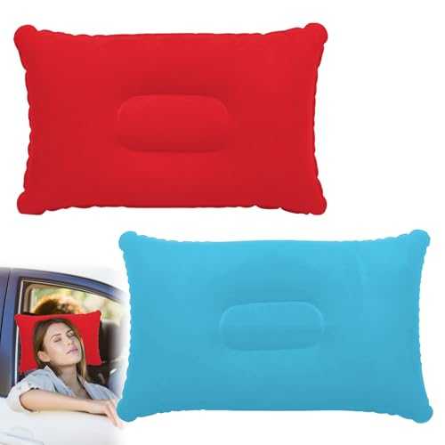 34 * 22cm Inflatable Pillows, 2 Pcs Blow Up Pillows, Ultralight Compact Blow Up Pillow, Compressible Pillow for Beach Travel Sunbathing Camping Sleeping Outdoor (Rose Red & Sky Blue)
