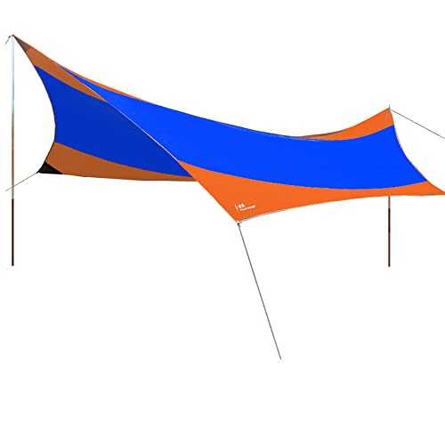 Tarpaulin Portable Sunshade Awning, Large Lightweight Camping Tarp Shelter Sun Shade Awning Canopy with Poles and Sandbag for 5-8 Person