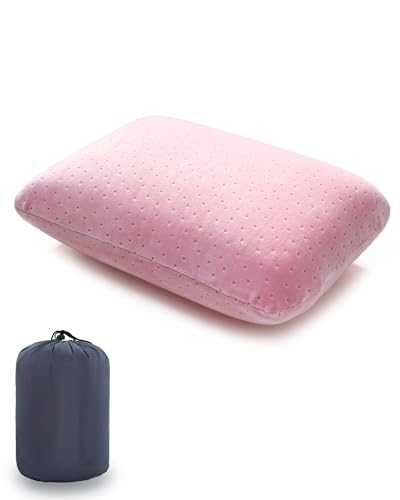 Travel Pillow Camping Pillow Memory Foam Bed Small Neck Pillow Lightweight Easy to Carry Portable Home Pillow Removable Pillow Cover with Travel Storage Bag (Pink)