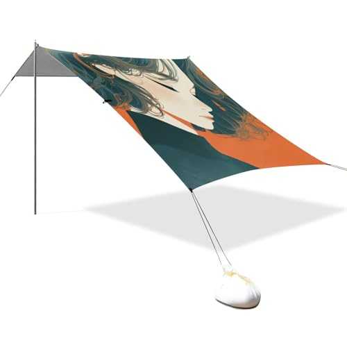Asian Man Orange Beach Tent UPF50+ Protection Water-Resistant Large Portable Sun Shelter with Sturdy Poles, Sandbags and Shovel for Backyard, Grassland, Park