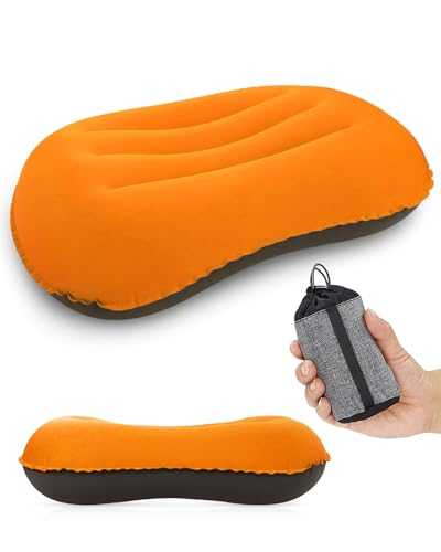 Ultralight Inflatable Pillow, Compressible Compact Comfortable Ergonomic Inflatable camping pillow with Storage Bag for Neck Support Blow Up Pillow for Hiking Camping Traveling Orange 42*31*10cm