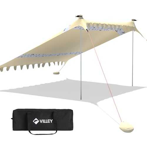 VILLEY sun tent 3m x 3.3m khaki, UPF50+ UV protection lycra beach tent for 6 people, beach parasol with sandbag and 2 support poles for picnics, fishing, sun protection