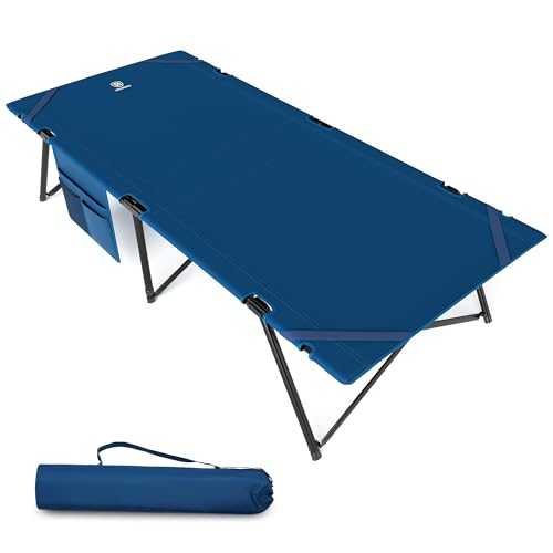 EVER ADVANCED Camp Bed for Adults, Folding Camp Beds with Side Pocket, Heavy Duty Camp Cot, Enlarged Camping Cot Bed with Carry Bag, Portable Camping Beds for Outdoor Office Guest, Loads 200KG