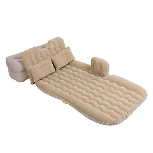 Blow Up Bed Car Air Mattress Removable Air Bed for Double Camping Mattress Flocking Sleeping Pad with Air Pump 2 Inflatable Pillows 2 Inflatable Stools Portable Car Mattress for Travel Camping, Beige