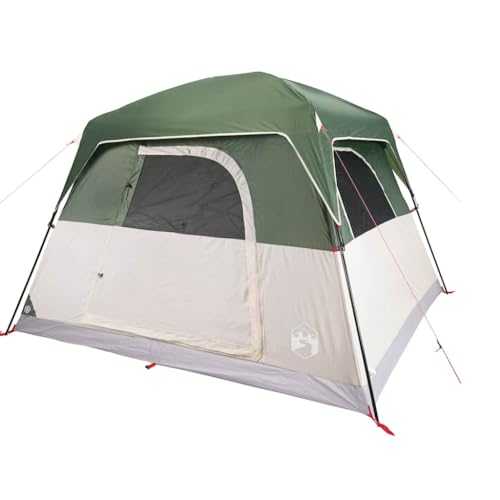 vidaXL Green Waterproof Camping Tent Cabin - 4-Person Polyester Shelter with Taped Seams, Detachable Rainfly, Mesh for Ventilation and Insect Protection, E-port Access, Lightweight with Carry Bag