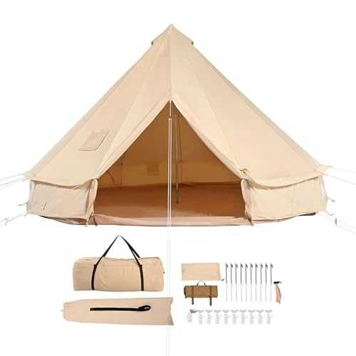 Canvas Bell Tent with 2 Doors and zipped in Groundsheet,3/4/5/6m Yurt Tent,4 Season Stove Jack for 4-8 Person All Year Camping(400x400x250cm)