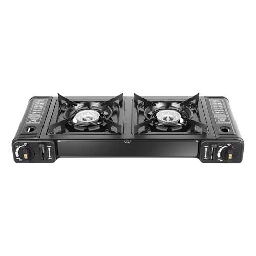 CCAUUB Black Portable Camping Stove 2 Burner Butane Stove Outdoor with Grill Tray, 2 x 1.15 KW, 166 g/h Double Burner Stove for Patio Camping, BBQ, Home Brewing, Tailgating, Hiking, Maple Syrup Prep