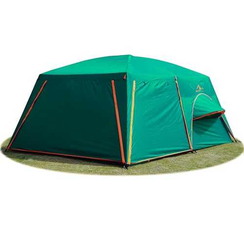 KTT Large Tent 10-12 Person,Family Cabin Tents,Full Rainly,2 Rooms,2 Bay-Windows/3 Doors/3 Windows with Mesh,Straight Wall,Waterproof,Double Layer,Big Tent for Outdoor,Picnic,Camping(Green)