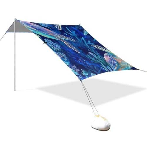 Aesthetic Winter Flounder Fishes Blue Designed UPF50+ Protection Foldable Beach Tent Easy Setup Outdoor Sun Shade with Sandbags, Sand Shovel, Poles for Camping Trips, Fishing, Backyard Fun or