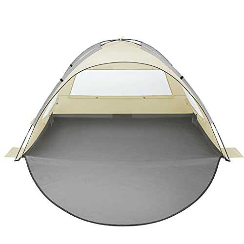 Oileus Beach Tent 2-3 Person Portable Sun Shade Shelter UV Protection, Extended Floor Ventilating Mesh Roll Up Windows Carrying Bag Stakes 6 Sand Pockets Fishing Hiking Camping, Khaki