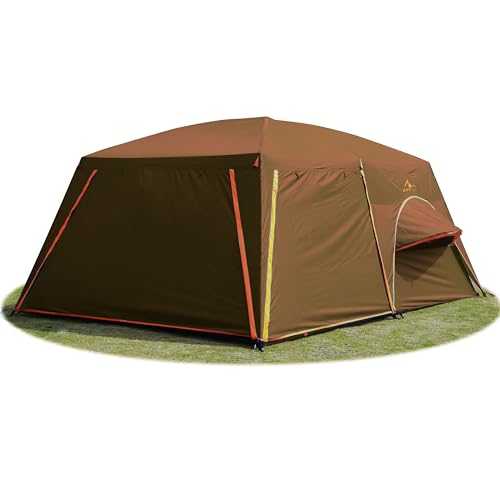 KTT Extra Large Tent 12 Person,14'Lx10'Wx7'H,Family Cabin Tent,Full Rainly,2 Rooms,2 Bay-Windows and 3 Doors 3 Windows with Mesh,Waterproof,Straight Wall,Big Tent for Outdoor,Picnic,Camping(Brown)