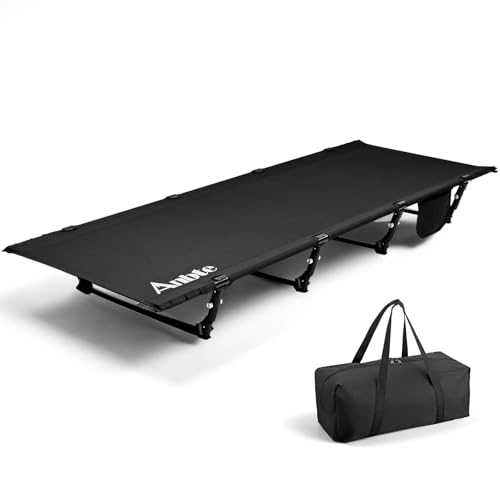 Ultralight Camping Bed Save Effort, Comfortable Folding Bed Supports 125KG with Side Pocket, Compact Portable Camping Cot for Hiking, Travel, Truck, Beach, Office, Black