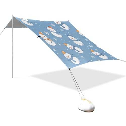 Blue Snowman Winter Designed UPF50 Foldable Beach Cabana Water-Resistant Large Portable Sun Shelter Includes Sand Shovel, Sandbags, Stability Poles for Family Travel paraguas de Playa