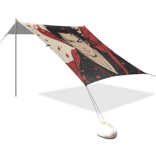Game Anime Japanese Man Foldable Beach Canopy UPF50+ Water-Resistant Shade Sun Shelter Includes Sand Shovel, Sandbags, Stability Poles for Camping, Picnics, Backyard & Fishing