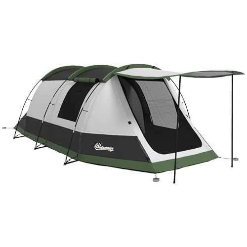 Outsunny 3-4 Man Camping Tent, Tunnel Tent with Bedroom, Living Room and Porch, 2000mm Waterproof, Portable with Bag, for Fishing Hiking Festival