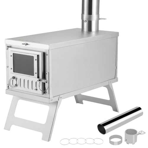 KFO Camping Tent Stove in 304 Stainless Steel, Ultralight Foldable Multi-Fuel with Heat Resistant Glass Window and Rotary Damper