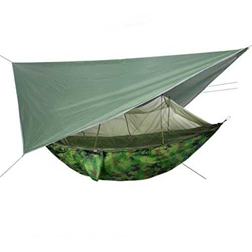 Camping Hammock with Rain Fly Tarp and Mosquito Net Tent, Portable Single Double Nylon Parachute Hammock Rainfly Set for Backpacking Hiking Travel Yard Outdoor Activities