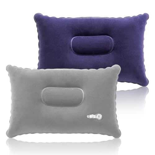 SMCEHEYA 2x Inflatable Pillows 32*22cm Blow Up Pillow Travel Pillow Inflatable Neck Pillow Ultralight Soft Flocked Surface Camping Pillow Portable for Sunbathing Neck Lumbar Support Hiking (Blue&Gray)