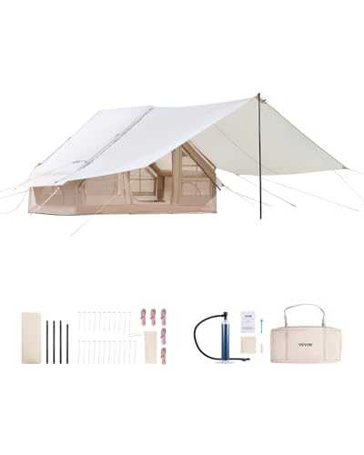 VEVOR Inflatable Tents for Camping, 3-5 Person Easy Setup Blow up Tent with Hand Pump, 300D Oxford 4 Season Glamping Tent with Canopy, Stove Jack, 2 Doors & 2 Mesh Windows (Storage Bag Included)