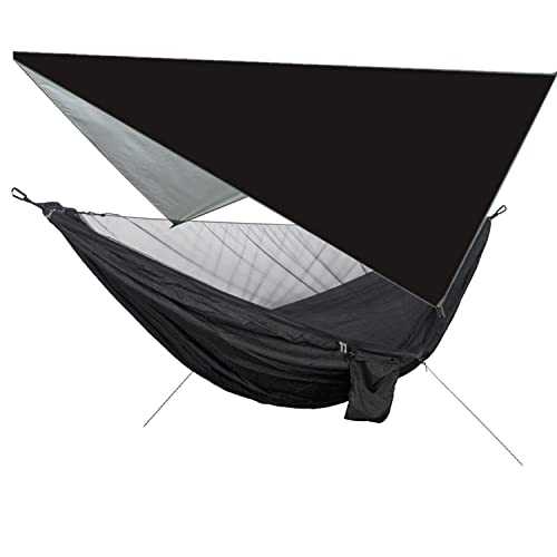 Camping Hammock with Mosquito Net Rain Fly Heavy Duty Tree Strap Portable Single Double Parachute Hammocks Tent Waterproof Rainfly Set for Camping Patio Backpacking Outdoor Hiking Travel