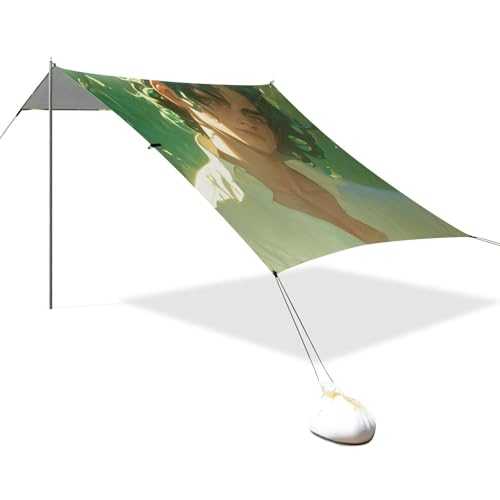 Young Men Spring Green Beach Tent UPF50 Water-Resistant Sun Shade with Sandbags, Sand Shovel, Poles for Camping, Picnics, Backyard & Fishing