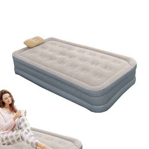 Inflatable Beds for Adults - Air Mattress Blow Into the Air, Inflating Guest Bed Twin Integrated Pump | Blue and White, Single, Fold Inflate Floor Sleeping Pillow for Living Room