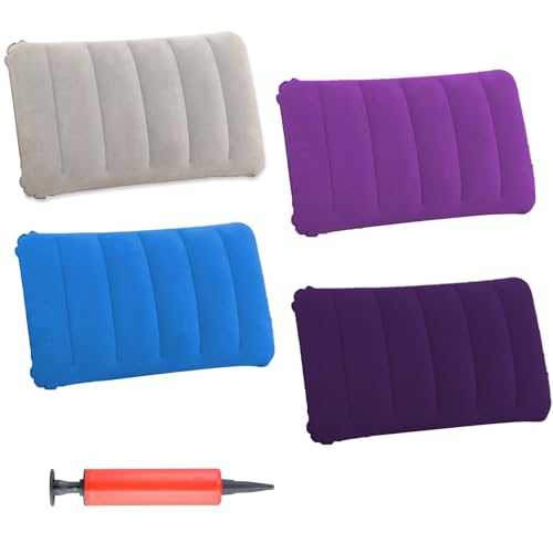 Anseom 4 Pcs Inflatable Pillows for Camping and Travel Ultralight Compact Portable Pillow Cushion Flocked Fabric Air Pillow for Desk Rest Soft Blow Up Pillows Set with Inflator