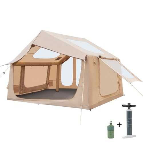 12x7.5 FT Large Inflatable Tent with Stove Jack, 8-10 Person Camping Tent with Electric Air Pump, Clear Skylight & Stove Jack, 420D Oxford Waterproof, Air Tent with Mesh Windows/Doors