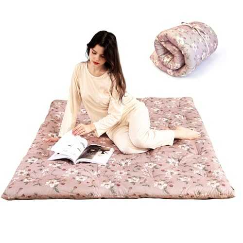 Syrinx Japanese Floor Futon Mattress Queen Size, Foldable Tatami Mat Portable Camping Sleeping Pad, Boys Girls Dormitory Thicken Mattress, Roll Up Floor Bed for Adults Child, Pink Petals, 60"x80"