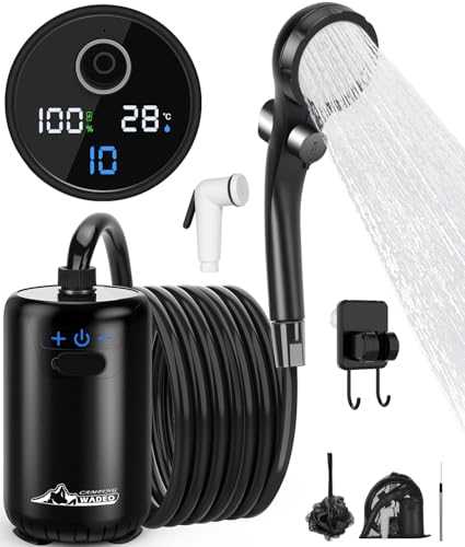 WADEO Upgraded Portable Shower with Dual Digital Display, Camping Shower with 10 Gear & Wider Bottom Suction, Outdoor Shower with 3H Long-lasting Rechargeable Battery & 3-in-1 Hook, Type C