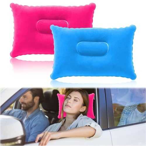 2Pcs Inflatable Travel Pillow, Blow Up Neck and Lumbar Support Pillows, 32x22cm, Water-Resistant, Lightweight, Portable for Camping, Beach, Airplane, Car, Outdoor Activities, Sky Blue & Rose Red