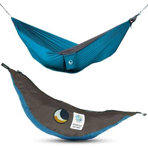 Ticket to the Moon Fair Trade & Handmade 1-2 Person Original-Lightweight-Hammock AQUA/DARK GREY for Travelling, Camping and Everyday Use, XL 3.2 * 2m, 600g, Parachute-Silk, Set-Up < 1 min.