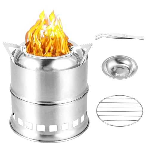 VINTEAM Camping Stove, Stainless Steel Backpacking Stove Portable Wood Burning Stoves for Picnic BBQ Camp Hiking with Carry Bag, Grill Grid, Blow Fire Tube and Tweezers