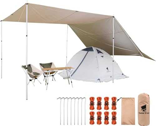 17 × 10 ft Large Camping Tent Tarp Outdoor Waterproof Flame Retardant Hammock Rain Fly Backpacking Tent Tarp Shelter for Hiking Travel Picnic Khaki/Green (KHAKI)