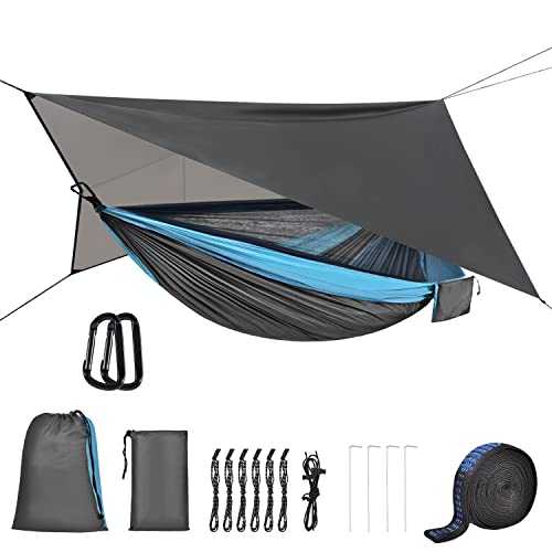 OTraki Camping Hammock with Mosquito Net and Rain Fly Tarp Single Nylon Portable Travel Hammock with Tree Straps 200kg Load Capacity Outdoor Hammock for Hiking Backpacking Garden (Blue Grey)