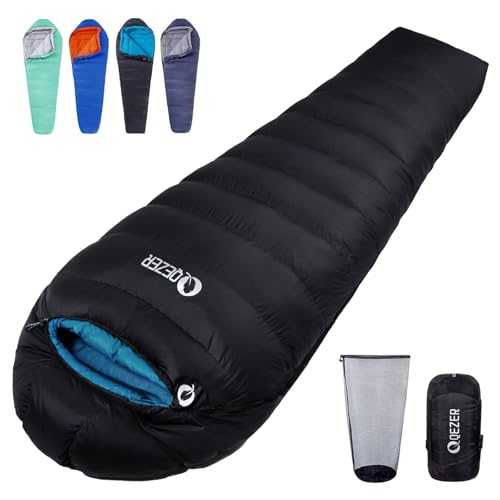 QEZER Down Sleeping Bag Lightweight Winter Sleeping Bag 0°C to -12°C [1200g/1590g] for Adults and Teenager Camping,Hiking,Backpacking Outdoor 4 Season