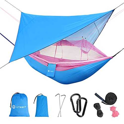 UTEBIT Hammock Outdoor 260 * 140cm, Travel Hammock with Mosquito Net 200KG Load Capacity and Waterproof Tarpaulin Light Breathable for Camping, Travelling, Hiking