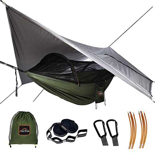 AnorTrek Camping Hammock with Mosquito Net & Waterproof Rain Fly - Lightweight Portable Set Includes 2 Tree Straps, 230T Nylon for Hiking, Backpacking, Overnight