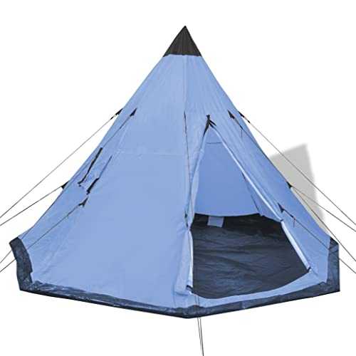 vidaXL 4-Person Camping Tent - Tipi-style, Weatherproof with Ventilated Design, Easy Setup, Comes with Carrying Bag - Light Blue.