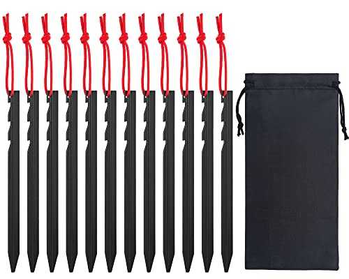 WIFUN 12 Pieces Tent Pegs, Triangular sawtooth Heavy Duty Tent Pegs Aluminium Alloy Red Camping Tent Stake Nail with Reflective Rope for Camping, Outdoor, Beach, and Hiking, black-2