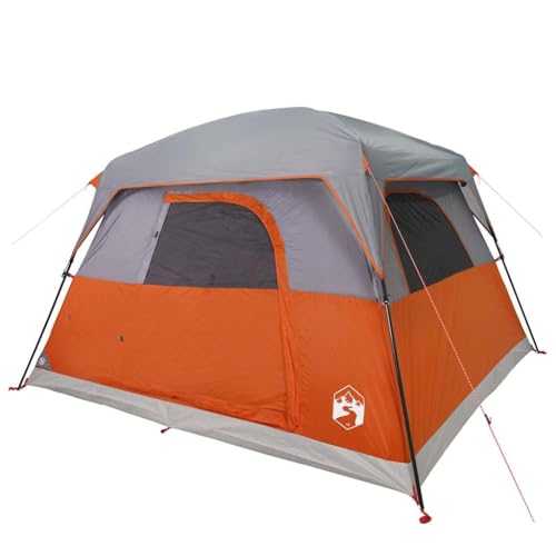 vidaXL 4-Person Camping Cabin Tent - Grey/Orange, Waterproof, PU-Coated Polyester, Detachable Rainfly, Mesh Walls with E-Port