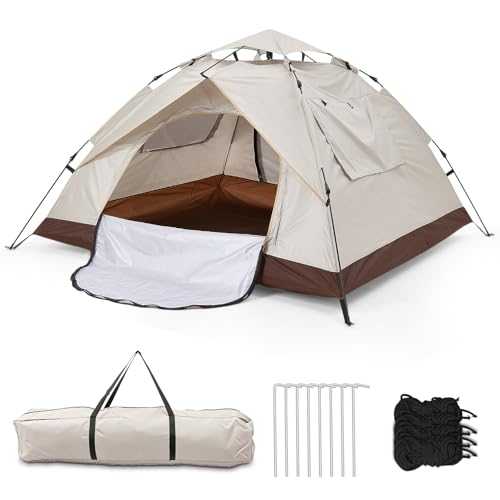 Warmiehomy Camping Tent, 3-4 Person Pop up Tent, Automatic Waterproof Dome Tent with 2 Mesh Doors, 2 Mesh Windows, Roof Skylights, Outdoor Camping Tents for Garden Fishing Picnic