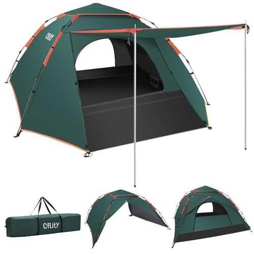 Cflity Camping Tent, 3 Man Pop Up Tent Automatic Instant Three Layer Waterproof 4 Season Large Dome Tent & Shelters with Extended Floor Mat Porch 2 Hall Poles Removable Rainfly