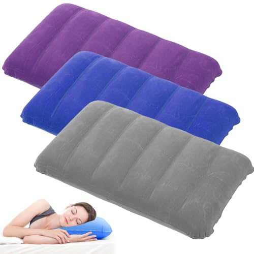 LoNinLoAn 3Pcs Inflatable Pillows for Camping, Soft Flocked Blow Up Cushion, Waterproof Portable Pillow, Air Pillow for Camping Vacation Beach and Travel (Blue, Purple and Grey 47x30cm)