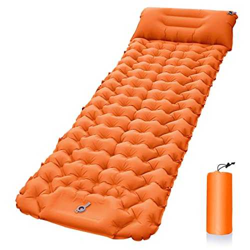 TOPIND Camping Mattress, Inflatable Camping Mattress with Pillow, Built-In Foot Pump, Portable Camping Mattress, Ultra Light and Compact Camping Mattress, Hiking, Camping (Orange)