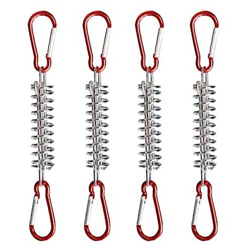 Jiakalamo 4-Piece Tension Springs, Tension Springs Attachment Steel Spring Buckle Set Accessories, 4 Carabiner Hooks and 8 Carabiner Key Ring Buckle, Tent Coil Springs with Double Hooks (Red + Silver)