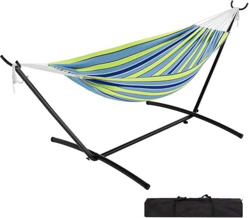FinerFurnis Double Hammock with Space Saving Steel Stand Included-2 Person Camping Hammock with Carry Bag, Outdoor Portable Hammocks, 450lb Capacity Standing Hammocks for Garden Yard(Blue and Green)