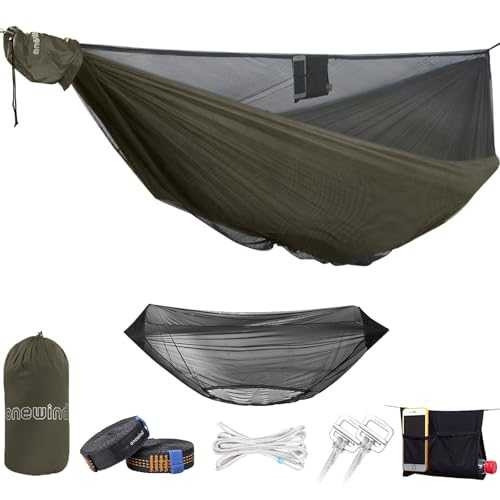 onewind Double Camping Hammock with Mosquito Net,Tree Straps, Ridgline, Compact Storage Bag, Durable Ripstop Nylon 11FT Holding 500lbs, Ideal for Hiking, Beach, Backpack